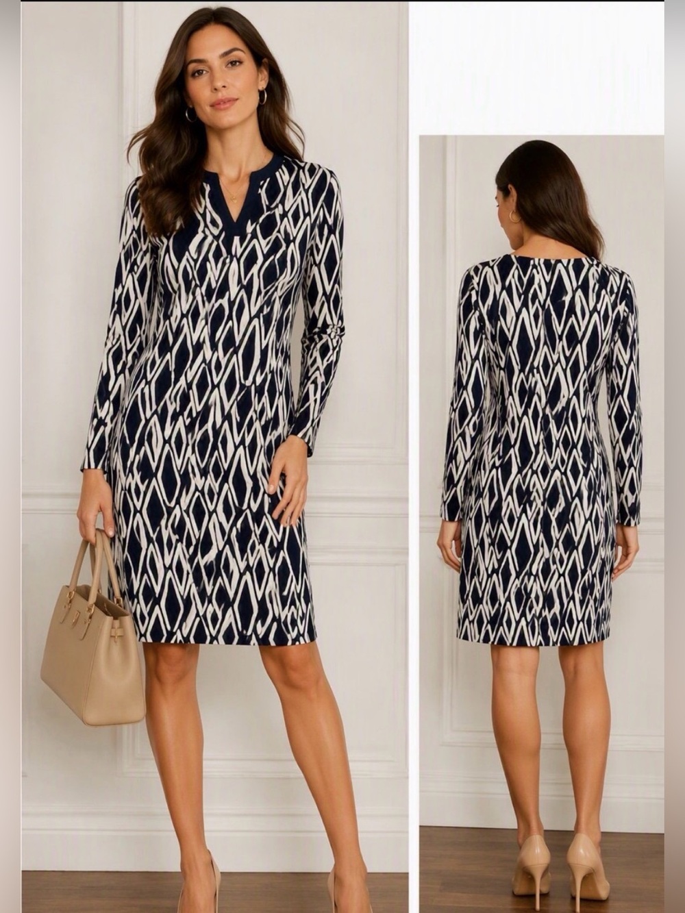 Diane von Furstenberg DVF Silk Geometric Print Dress Size 6 Navy Ivory